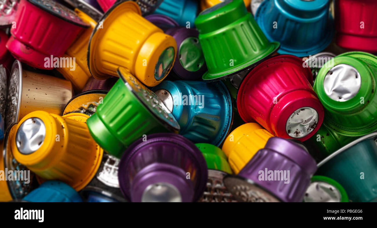 Bunte verwendet Espresso Kaffee kapseln Hintergrund. Detailansicht mit Details Stockfoto