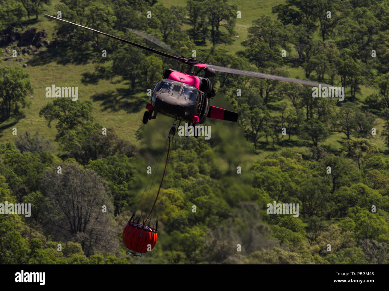 Ein Army National Guard UH-60 Black Hawk Helikopter fliegt über Pardee Reservoir mit einem vollen Eimer Wasser, in Ione, Kalifornien, Samstag, 14. April 2018, während der interagency Aircrew Training mit cal Feuer. Cal Guard helicopter Besatzungen und support Personal versammelt für drei Tage der Gemeinsamen wildfire Aviation Training für erhöhten Feuer Aktivität im Sommer und Herbst vorzubereiten. (U.S. Air National Guard Foto von älteren Flieger Crystal Housman) Stockfoto