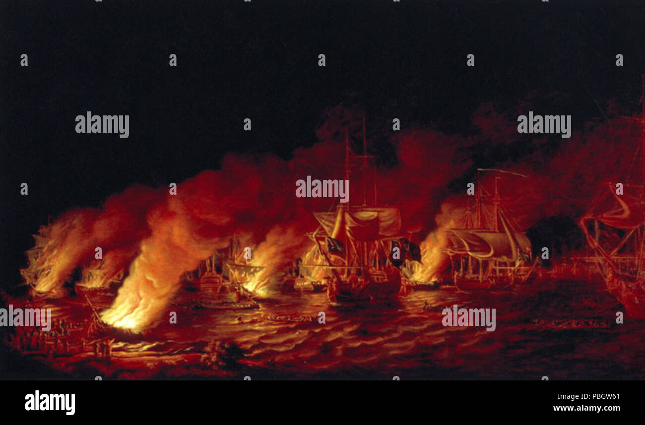 1628 Die Niederlage der Französischen Fireships Angriff auf die britische Flotte vor Anker vor Quebec Stockfoto