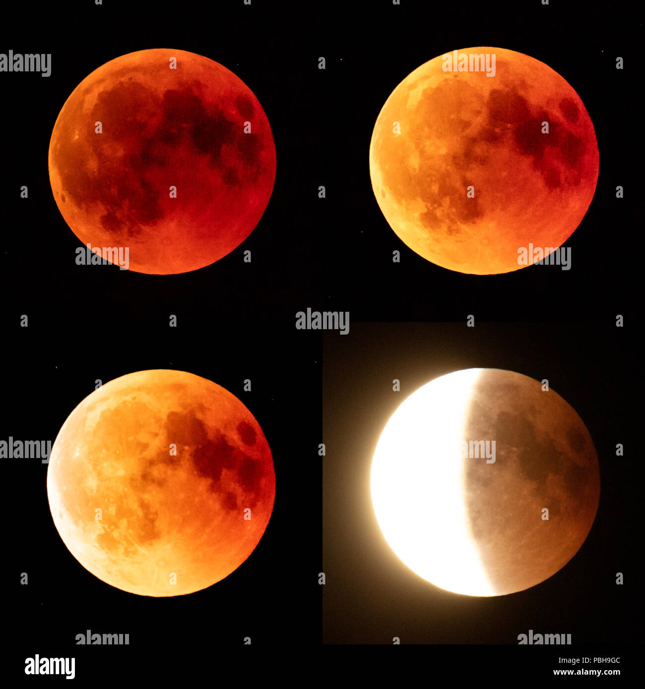 Mondfinsternis am 27. Juli 2018, Zusammenstellung von 4 Fotos, in Bernkastel-Kues, Deutschland Stockfoto