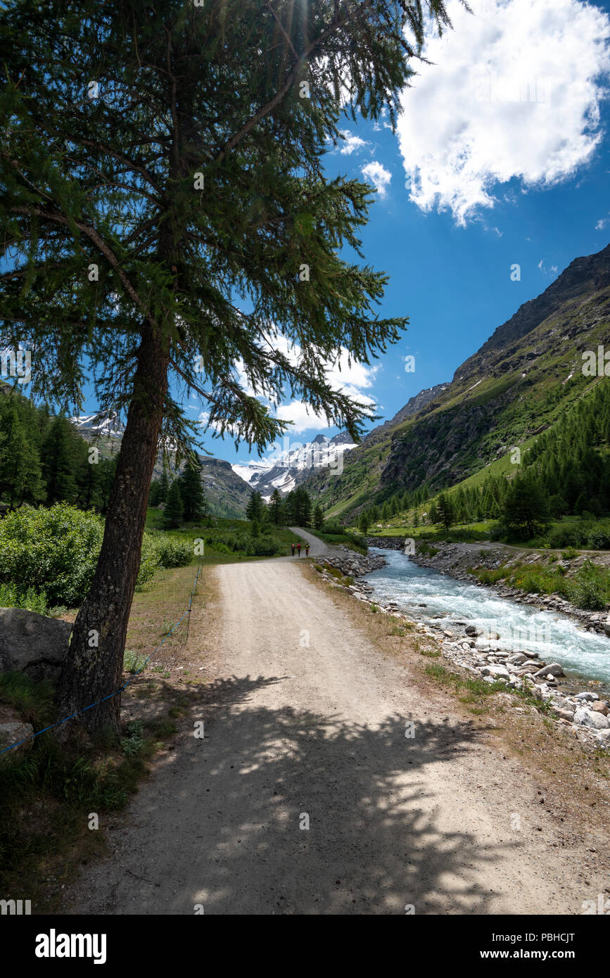 Eingang zum Nationalpark des Gran Paradiso, der Weg zum hohen Berg Hütte Vittorio Emanuele II, Valsavarenche Tal, Aostatal, Italien Stockfoto