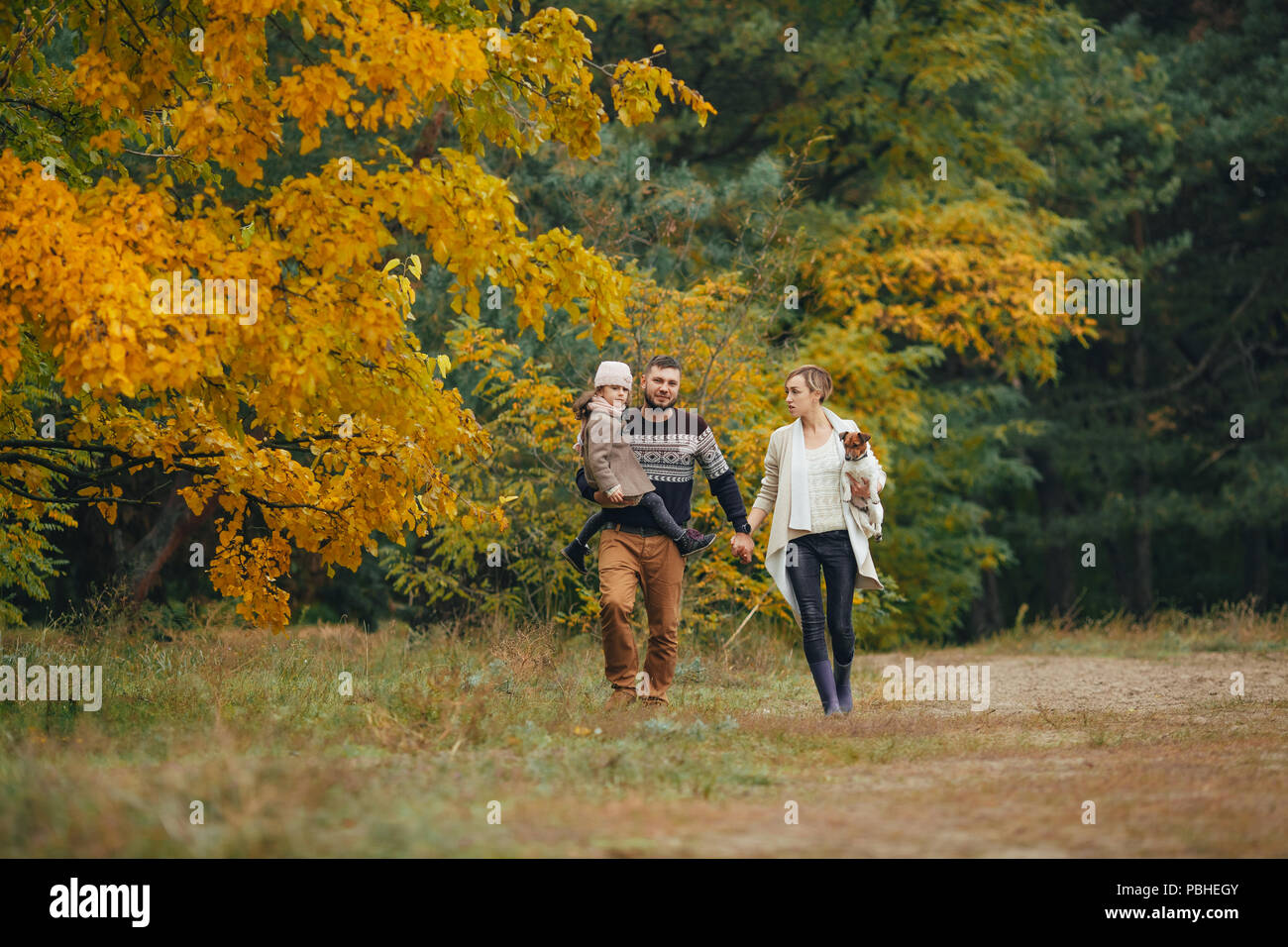 Junge Eltern mit ihrer Tochter halten Sie Hände und am Waldweg mit Hund beim Spaziergang im Wald. Stockfoto
