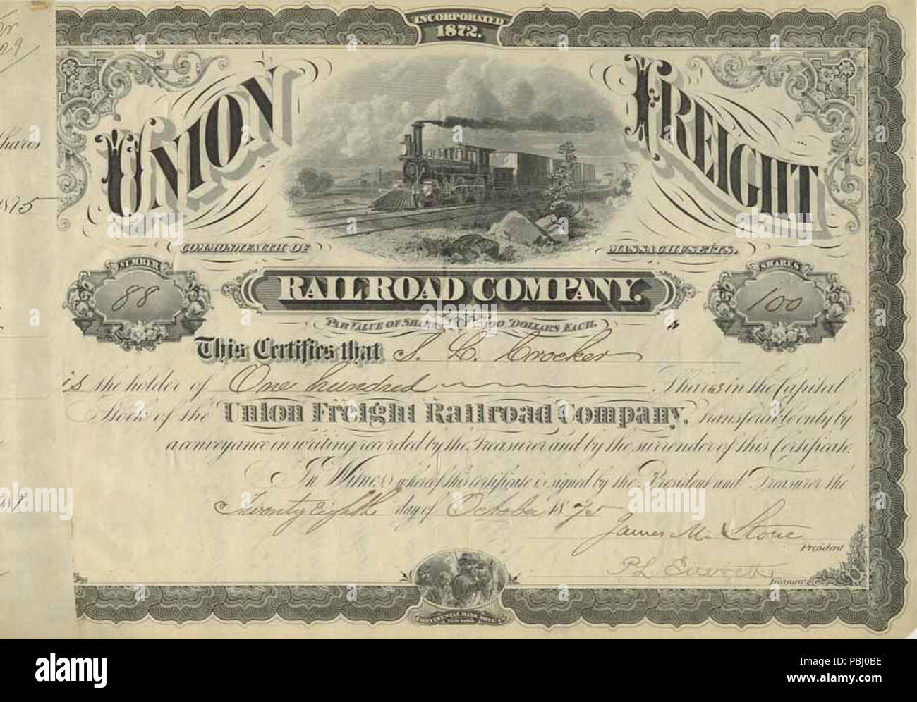 1790 Union Güterbahn Aktie Zertifikat, 1875 Stockfoto