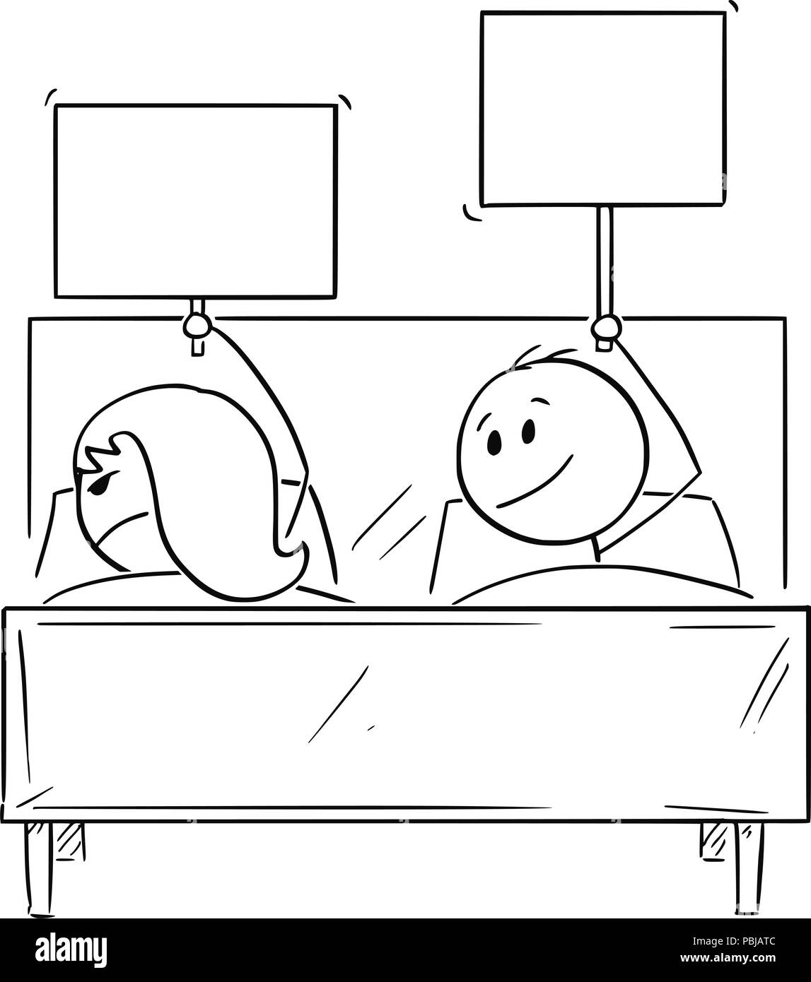 Cartoon von Paar im Bett, Mann etwas bietet, Frau verneint und Schlafen Stock Vektor