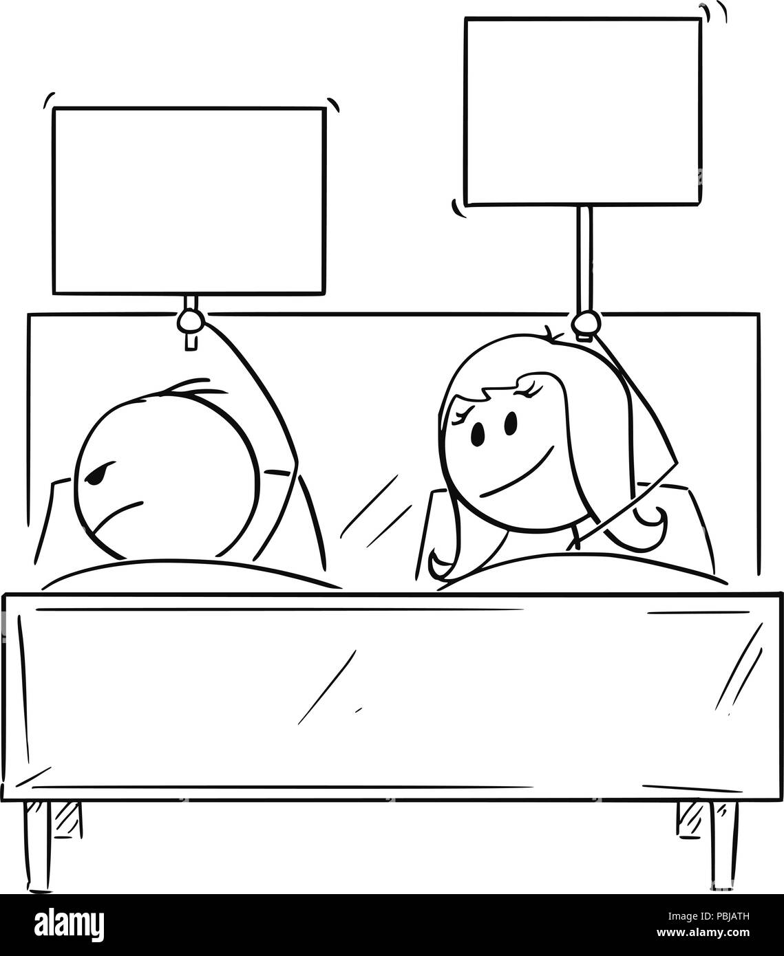 Cartoon von Paar im Bett, Frau etwas zu bieten hat, ist der Mensch die Ablehnung und Schlafen Stock Vektor