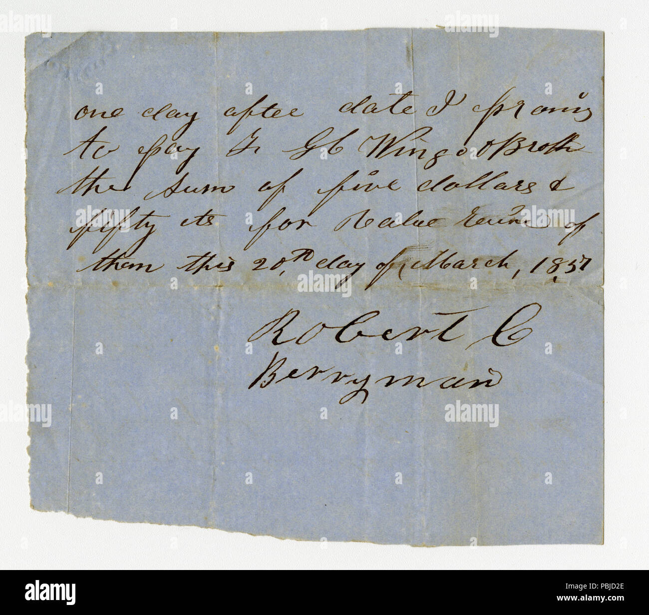 1231 Schuldschein unterschrieben Robert Berryman, G.C. Wingo, 20. März 1857 Stockfoto