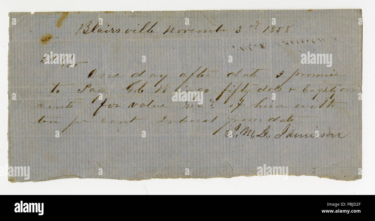 1231 Schuldschein unterschrieben J.M.L. Jamieson, G.C. Wingo, 3. November 1858 Stockfoto