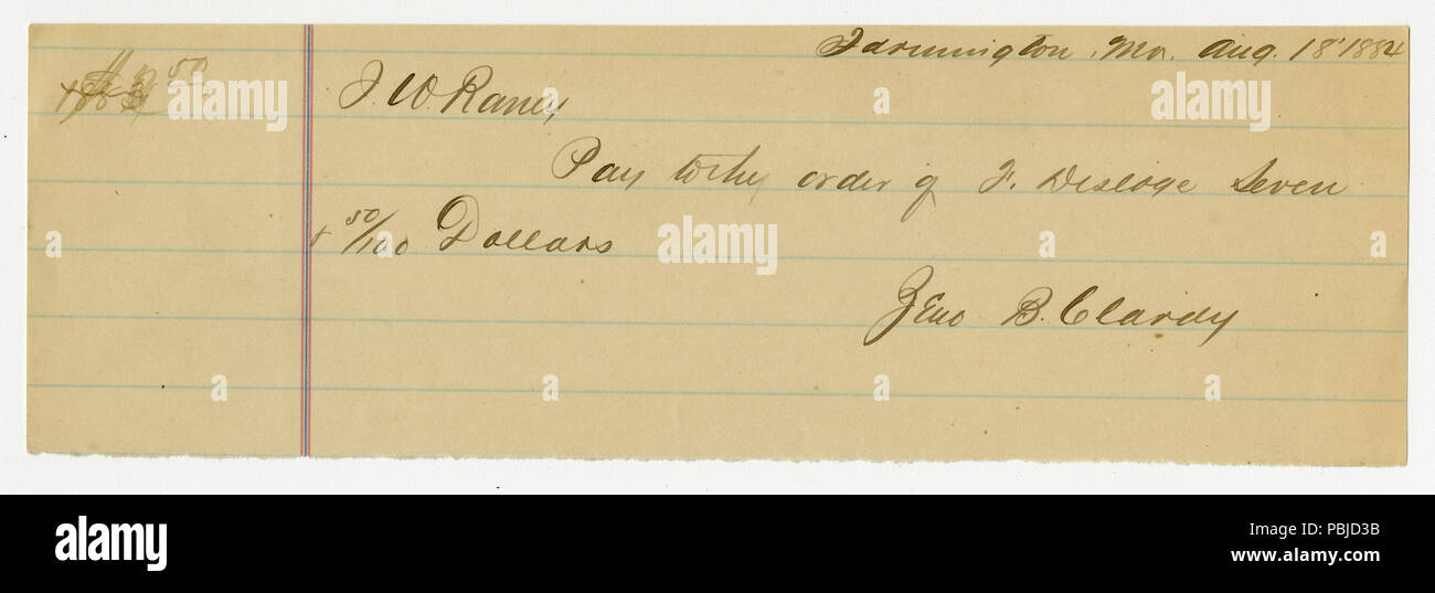 1175 Zahlung an F. Desloge in Höhe von 7,50 $, unterzeichnete Zeno B. Clardy, 18. August 1884 Stockfoto