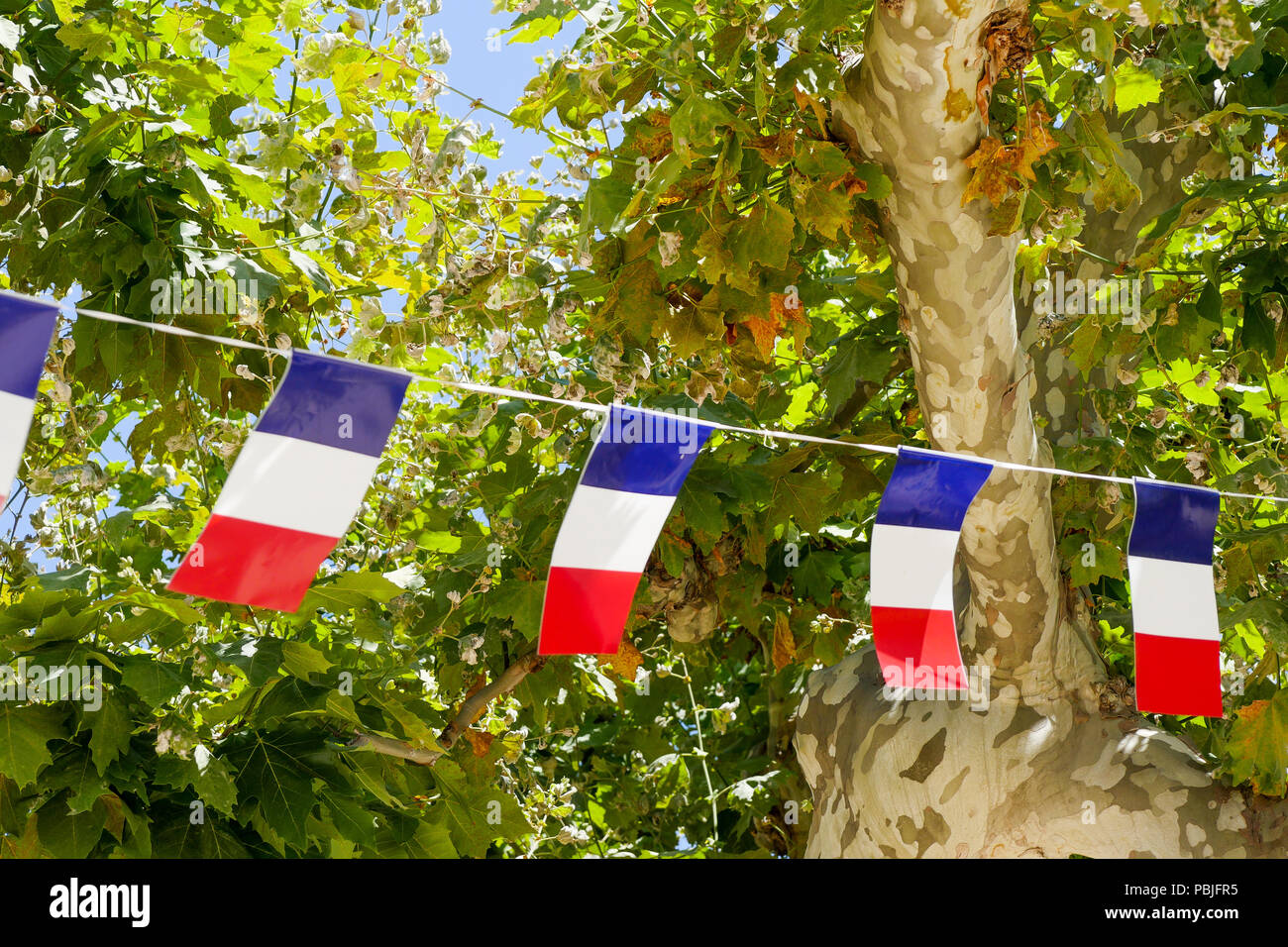 Französische Fahnen angezeigt anlässlich des Tag der Bastille, Cassis, Bouches-du-Rhône, Frankreich Stockfoto