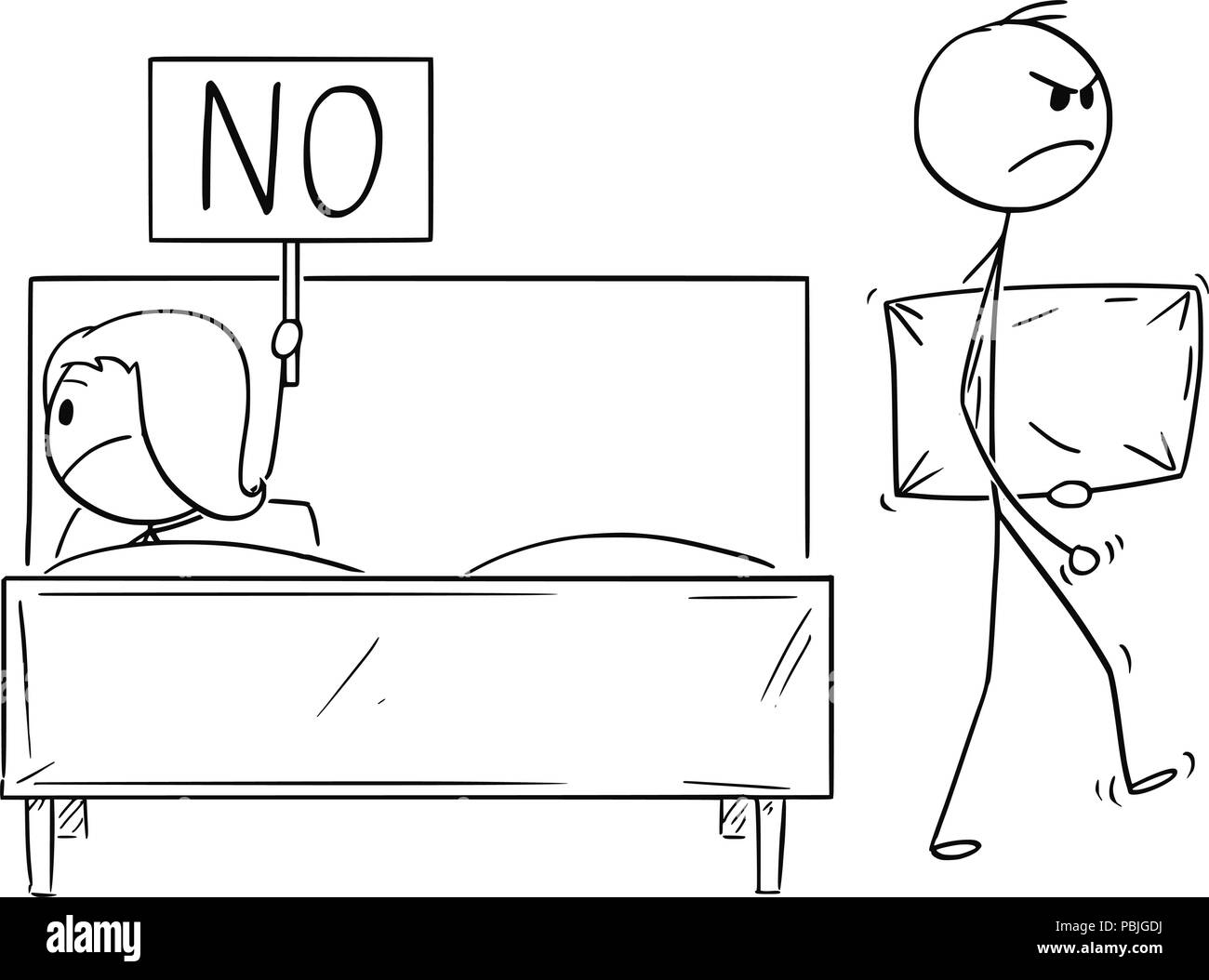 Cartoon von Paar, Mann wurde von Frau abgelehnt und verlässt Bett mit Kissen Stock Vektor