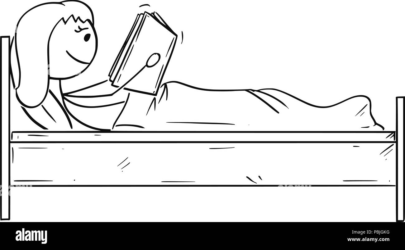 Cartoon von glücklichen Frau mit einem Buch im Bett Stock Vektor
