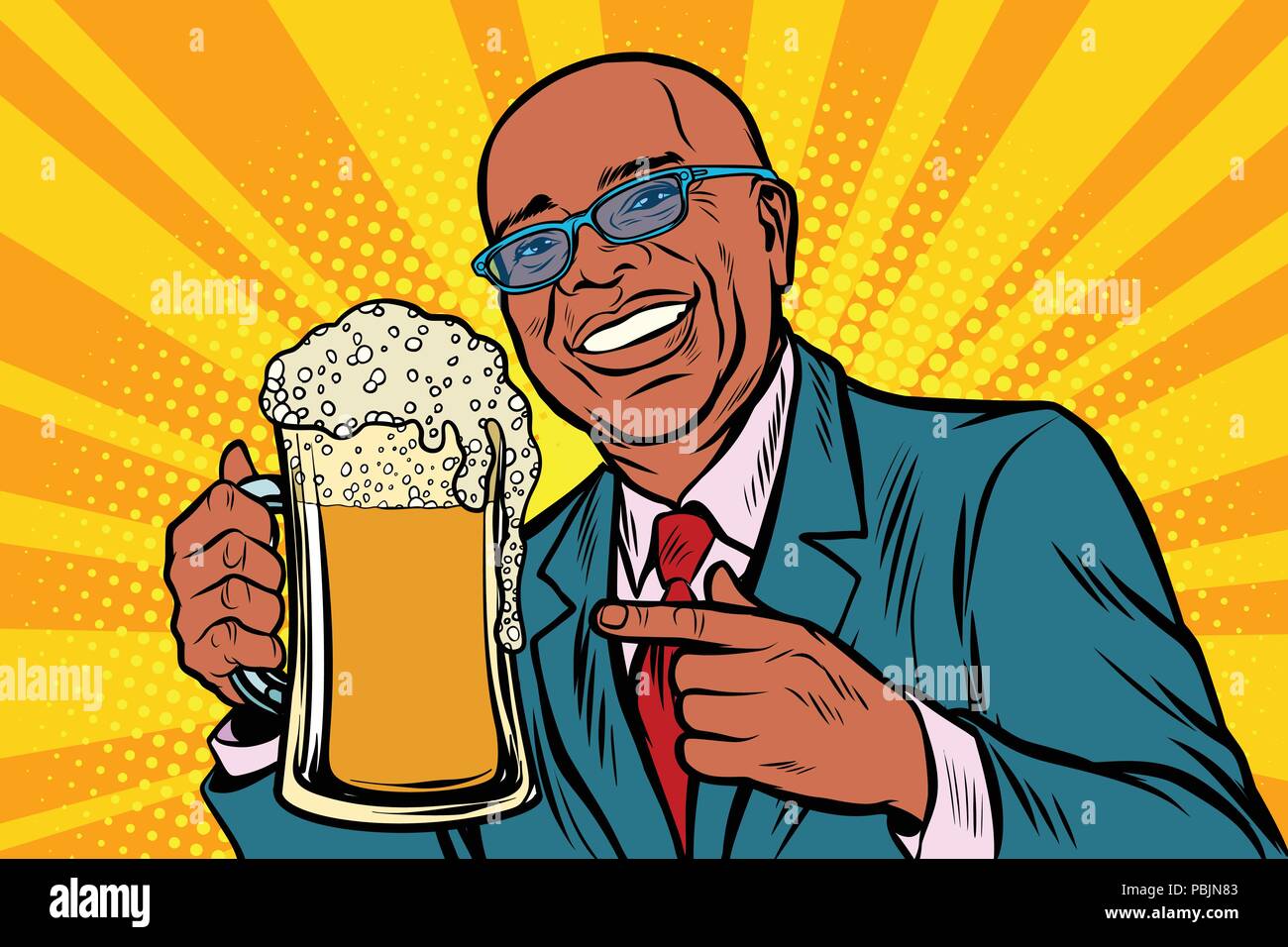 Lächelnder Mann mit einem Becher Bier Schaum. Afrikanische amerikanische Volk Stock Vektor