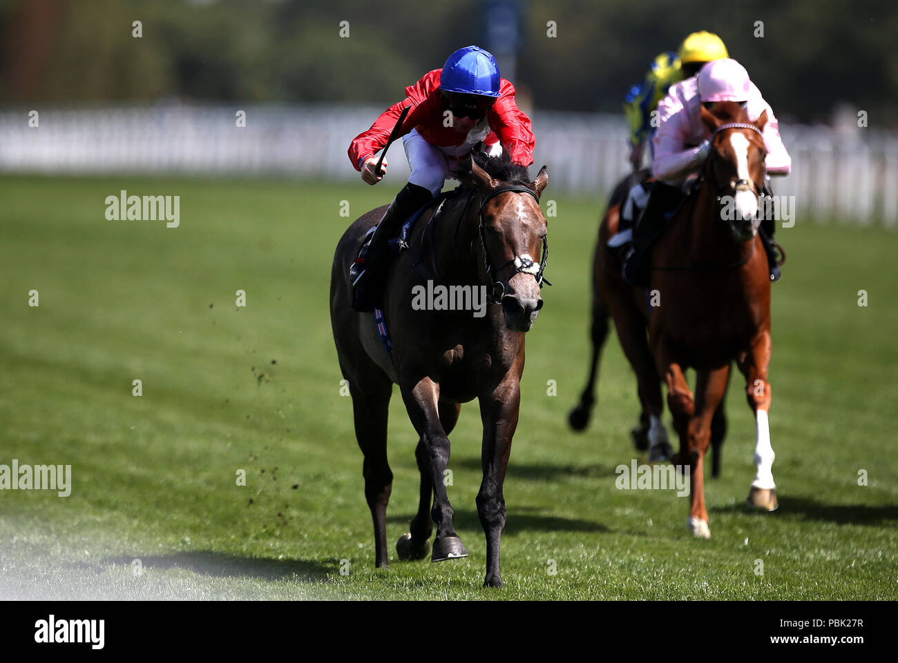 Angel's Hideaway geritten von Jockey Robert Havlin gewinnt die Prinzessin Margaret Keeneland Einsätze während des King George Tag auf der Pferderennbahn Ascot. Stockfoto