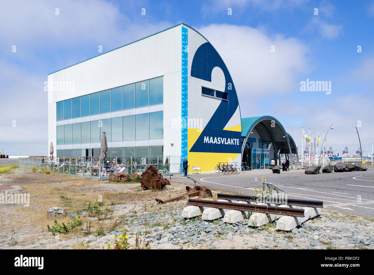 FutureLand Information Center, die Fakten über den Bau und die Inbetriebnahme der neuen Maasvlakte 2 Hafen Rotterdam, Niederlande. Stockfoto