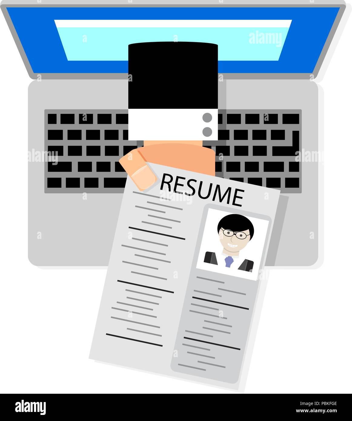 Job suchen online. Hand Lebenslauf Lebenslauf von Laptop. Vector Illustration. Job Jagd und ein Job, der Einstellung und Recruiting finden Stock Vektor