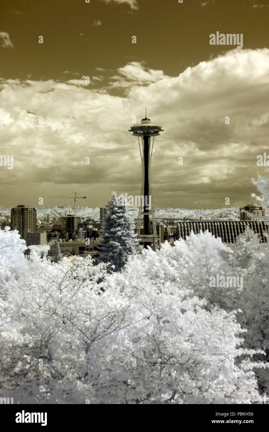 Blick auf die Space Needle von der Queen Anne Nachbarschaft, Seattle. Stockfoto