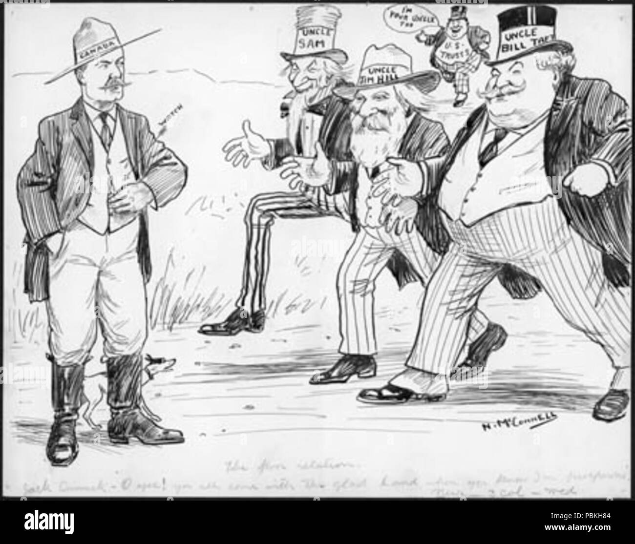 . Englisch: 'Jack Canuck: O ja! Sie sind alle mit der Hand, wenn du weißt, dass ich wohlhabend' [Karikaturen der amerikanische Präsident Taft und Geschäftsleute. Kommentierte den Wunsch der US-Vorteil der gesunden kanadische Wirtschaft]. zwischen ca. 1909 und ca. 1912 820 JackCanuckOYes Stockfoto