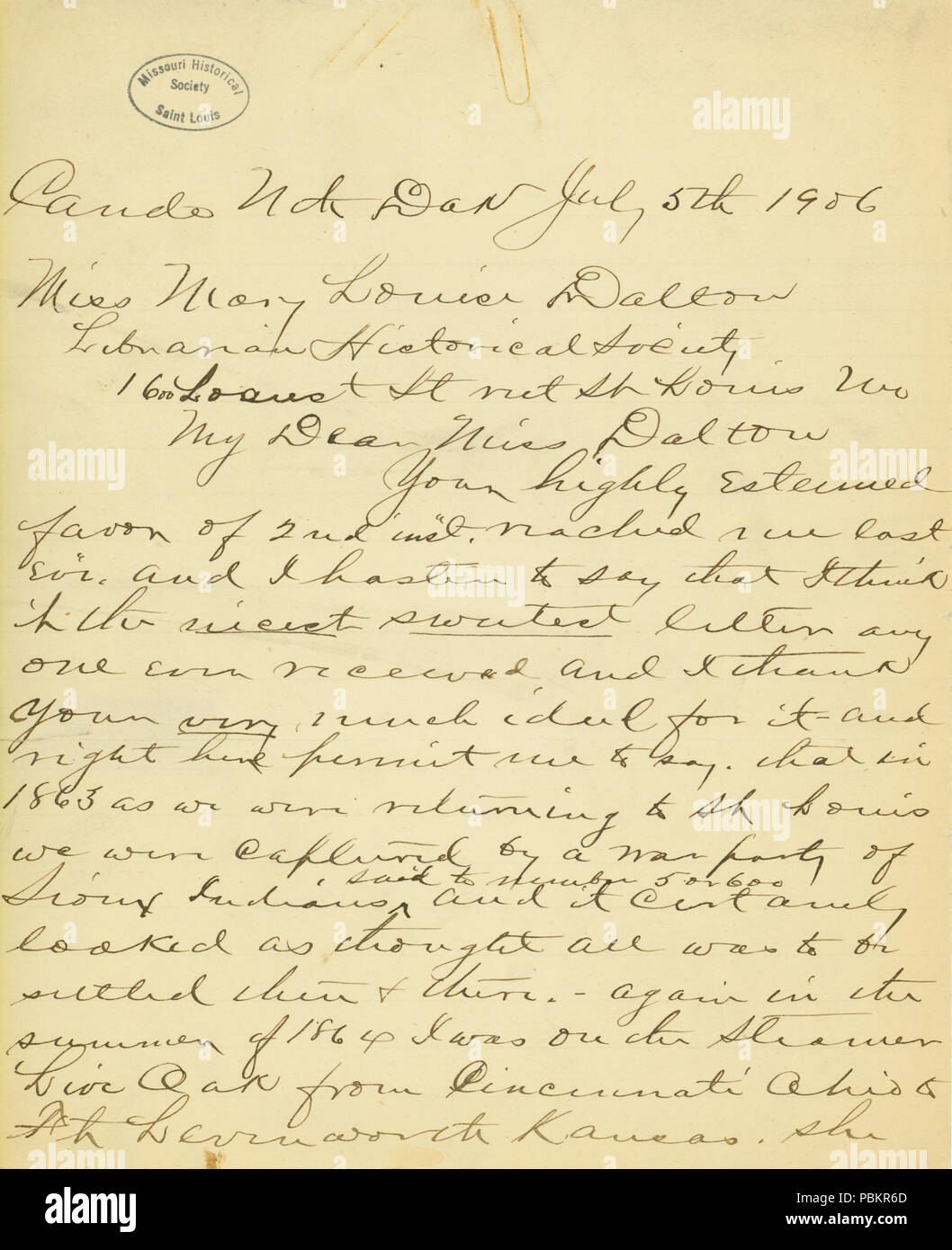 900 Brief von C.J., Atkins, Cando, North Dakota, Maria Louise Dalton, Bibliothekar, Missouri Historical Society, St. Louis, 5. Juli 1906 Stockfoto