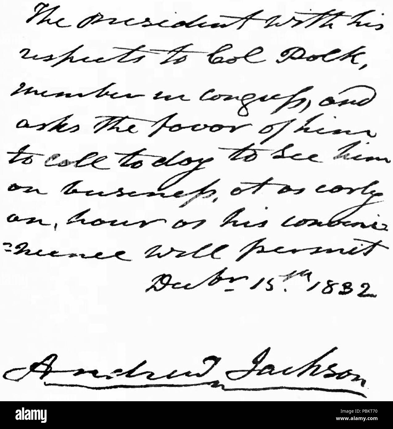. Englisch: Brief des Präsidenten der Vereinigten Staaten Andrew Jackson James Knox Polk (Präsident). Dezember 15, 1832 (veröffentlicht 1914) 904 Brief von Andrew Jackson, James K. Polk Stockfoto