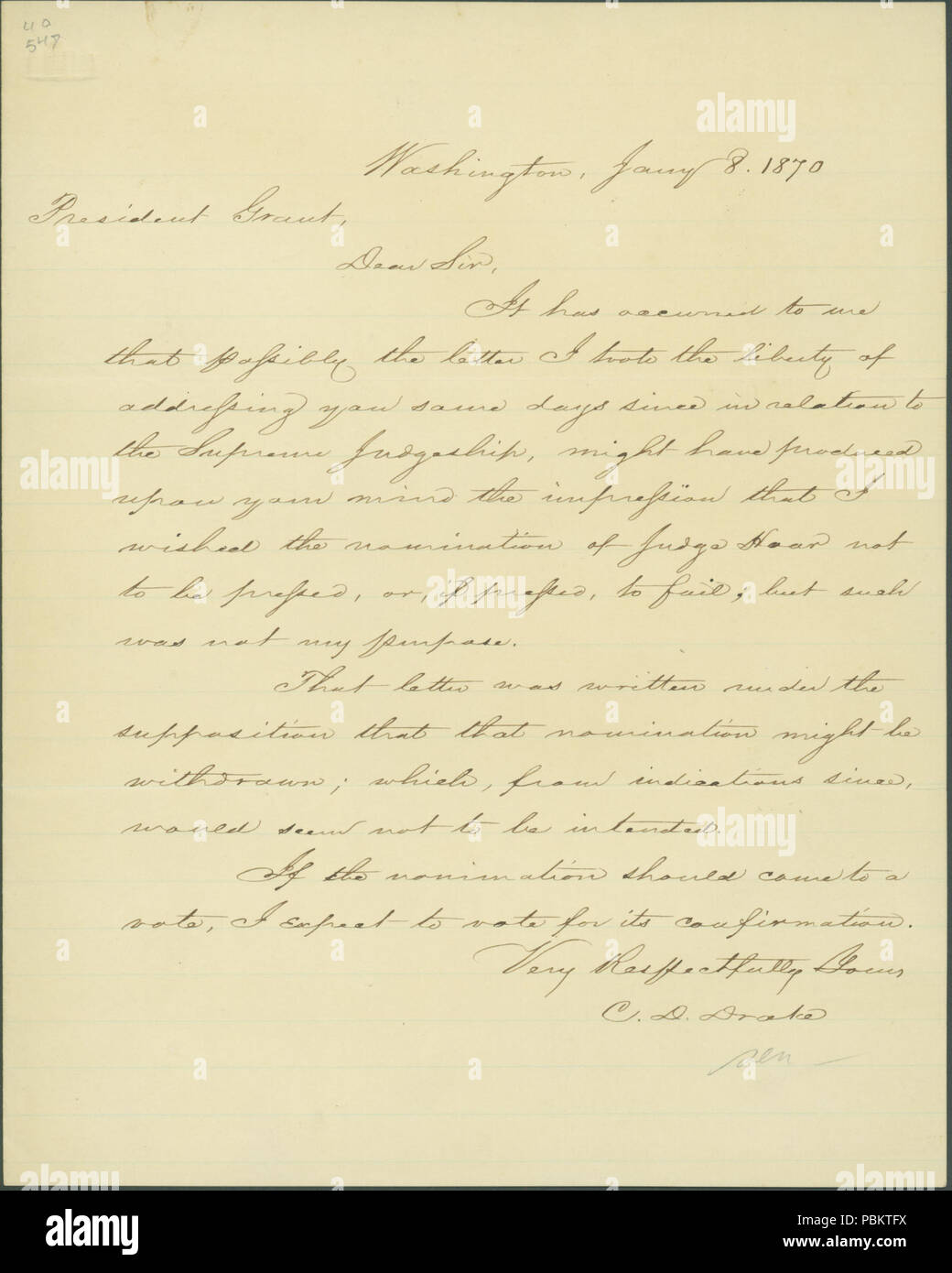 906 Brief unterzeichnet C.D. Drake, Washington, Präsident Grant (U.S. Grant), 8. Januar 1870 Stockfoto