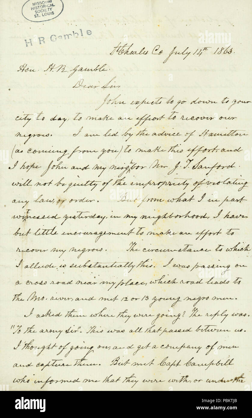 906 Brief unterzeichnet D.K. Pitman, St Charles, Co., Hon. H.R. Spielen, 14. Juli 1863 Stockfoto