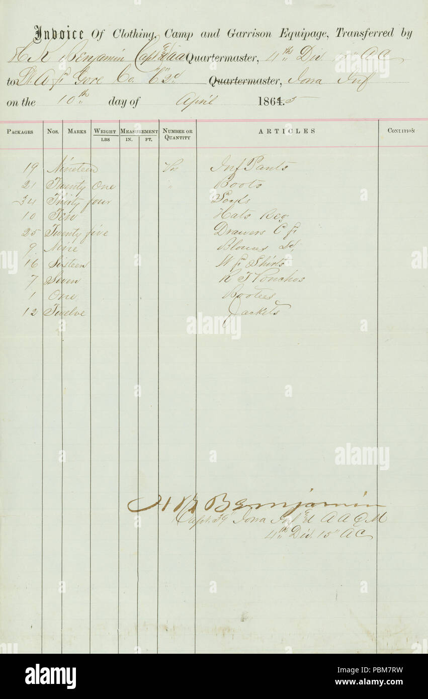 810 Rechnung von Kleidung, Lager und Garnison equipage, unterzeichnete H.R.  Benjamin, Kapitän 39 Iowa Inf. Und A. A. F. M., 4. Div. (Gg) 15 A.C., 10.  April 1865 Stockfotografie - Alamy