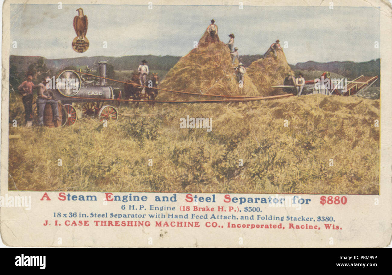 . Englisch: Persistente URL: Digital.lib.muohio.edu/u?/tradecards,2030 betrifft (TGM): Landwirtschaftliche Maschinen & Geräte; Dampfmaschinen; Dreschmaschinen; Dreschen; Weizen; Bauern; Betriebe; Landwirtschaft; Ernte; Erntemaschinen; Traktoren; Postkarten; Stichworte: Stahl Seperator. ca. 1909 819 J.I. Fall Dreschen Machine Co., Incorporated (3093681018) Stockfoto