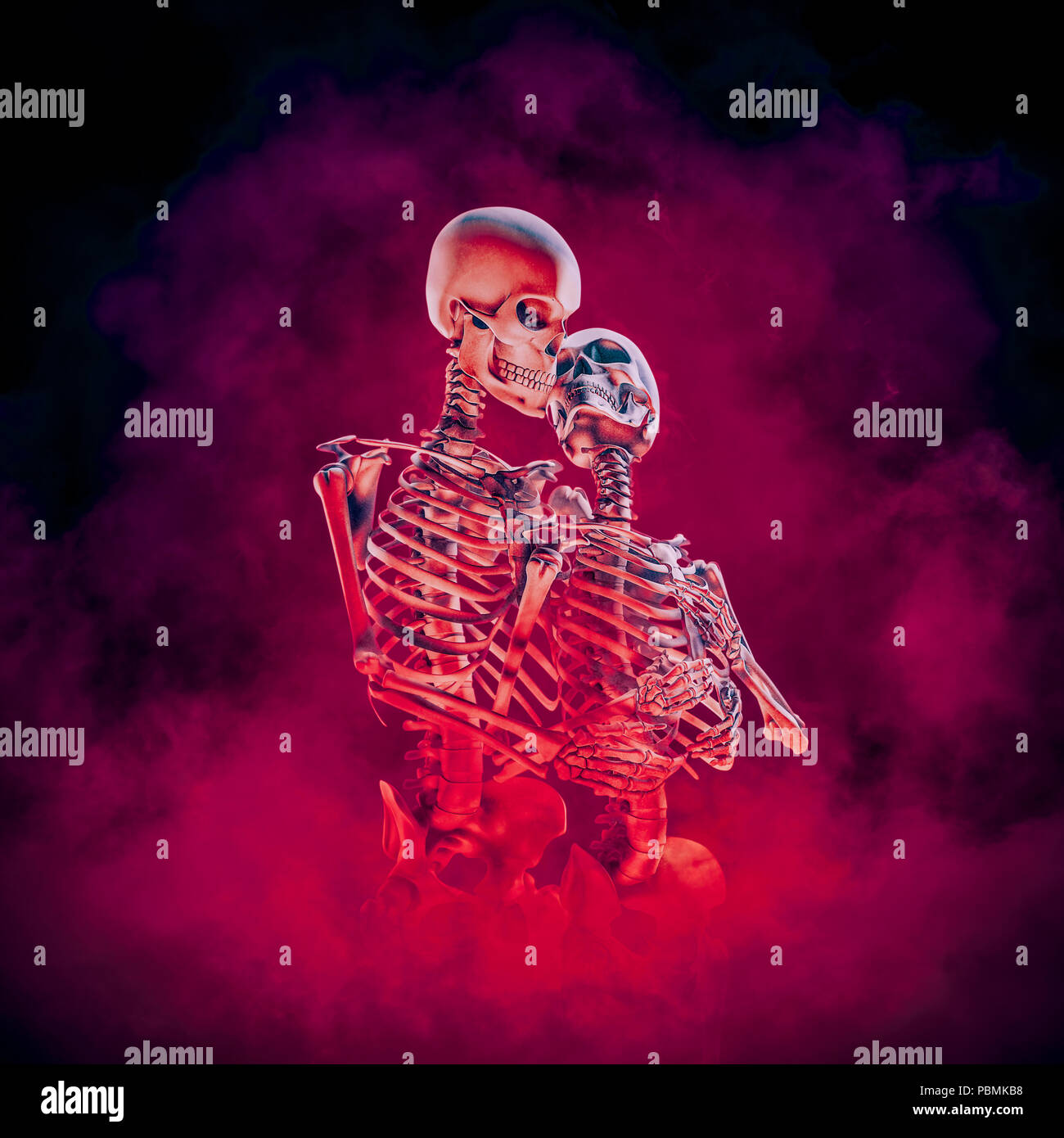 Evermore gothic Romance/3D-Darstellung der männlichen und weiblichen Skelett Liebhaber von Inferno umgeben Stockfoto