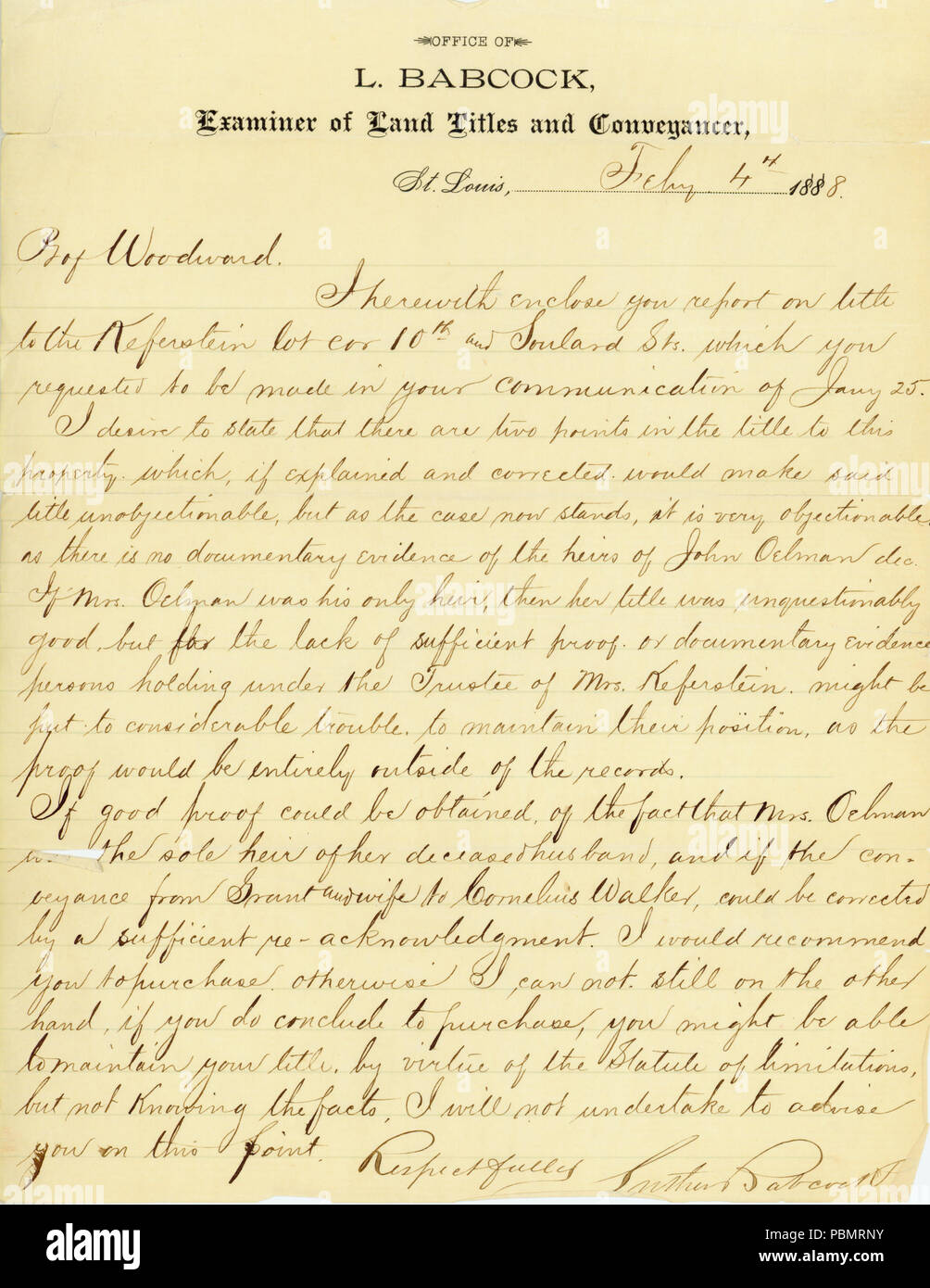 910 Brief unterzeichnet L. Babcock, Prüfer von Landtiteln und Transportbehälter, Professor Calvin M. Woodward, 4. Februar 1888 Stockfoto