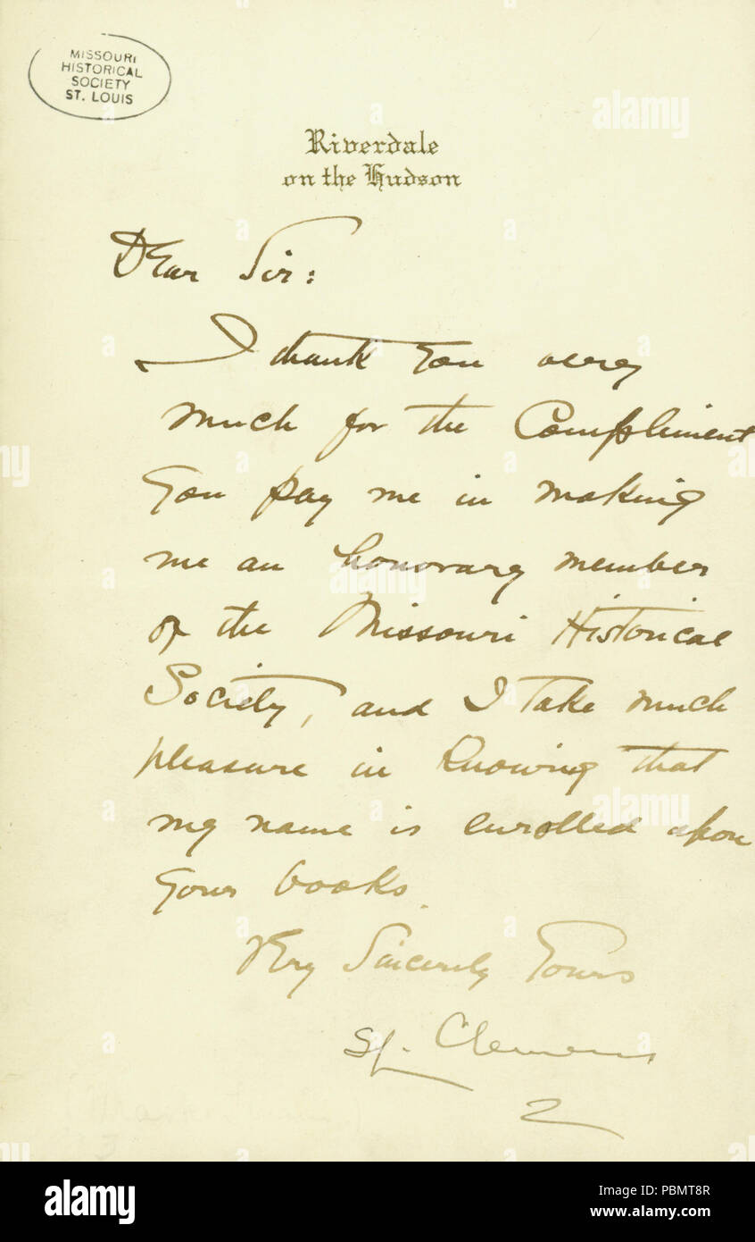 912 Brief unterzeichnet S.L. Clemens (Mark Twain), Riverdale auf dem Hudson, (zum Missouri Historical Society), Ca. 1903 Stockfoto
