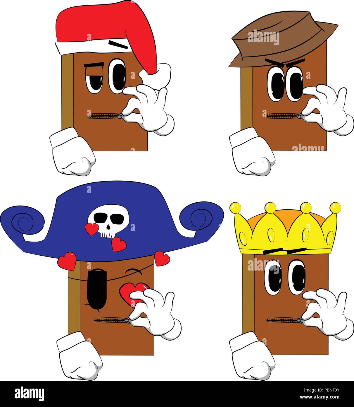 Bücher seinen Mund zippen. Comic Book Collection mit Kostüm Gesichter. Ausdrücke Vektor einrichten. Stock Vektor