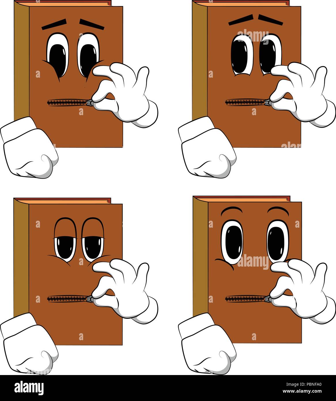 Bücher seinen Mund zippen. Comic Book Collection mit glücklichen Gesichtern. Ausdrücke Vektor einrichten. Stock Vektor