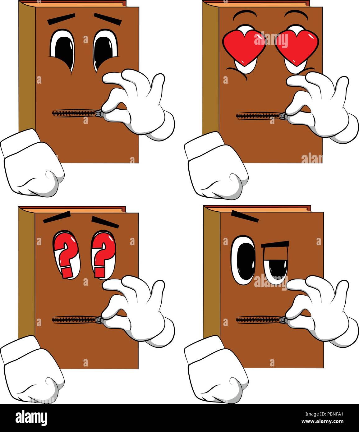 Bücher seinen Mund zippen. Cartoon Sammlung mit verschiedenen Gesichtern. Ausdrücke Vektor einrichten. Stock Vektor