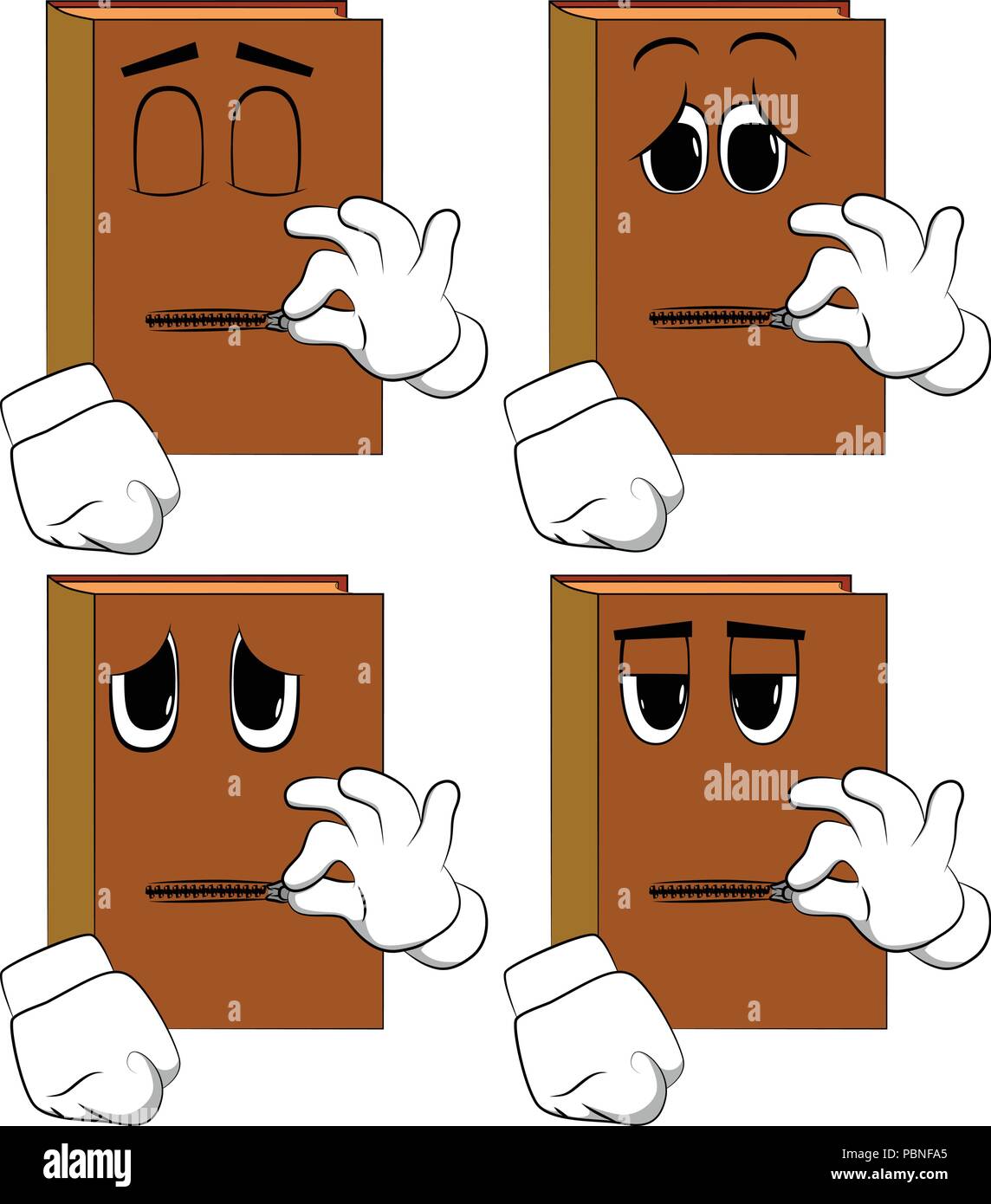 Bücher seinen Mund zippen. Comic Book Collection mit traurigen Gesichtern. Ausdrücke Vektor einrichten. Stock Vektor
