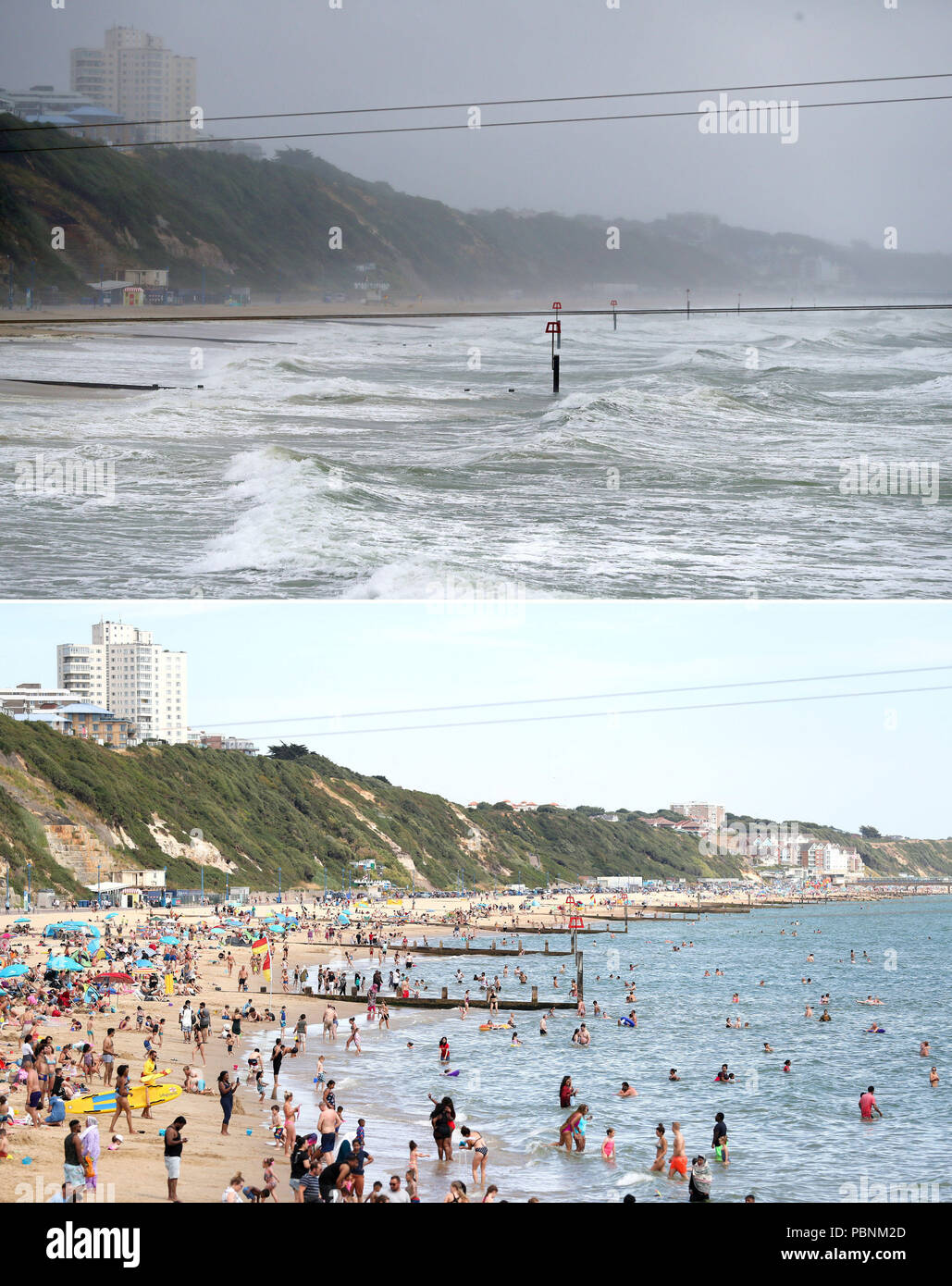 Eine Kombination von zwei Fotos aufgenommen am Sonntag, den 29. Juli (oben) und Mittwoch, 25. Juli (unten) zeigt die wechselnden Wetterverhältnisse in Bournemouth in Dorset, als schwerer Regen und Windböen von bis zu 50 mph das Wochenende Auswaschung sah weiterhin Wochen des heißen, trockenen Wetter. Stockfoto