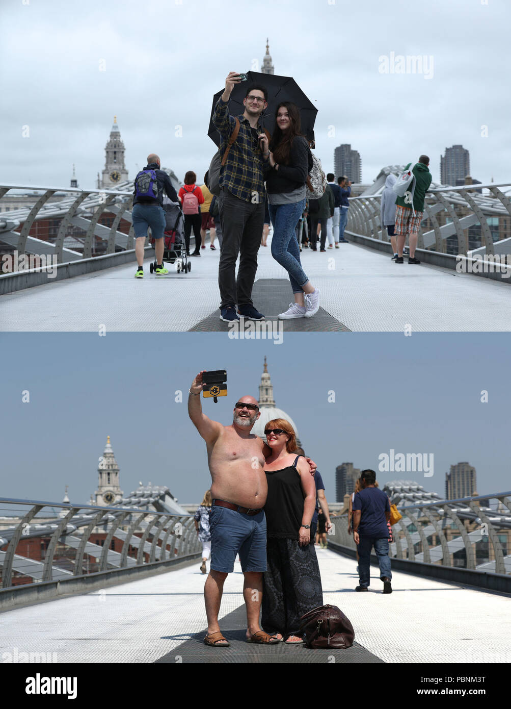 Eine Kombination von zwei Fotos aufgenommen am Sonntag, den 29. Juli (oben) und Freitag Juli 27 (unten) zeigt die wechselnden Wetterverhältnisse auf der Millennium Bridge in London, als Regen und Windböen von bis zu 50 mph das Wochenende Auswaschung sah weiterhin Wochen des heißen, trockenen Wetter. Stockfoto
