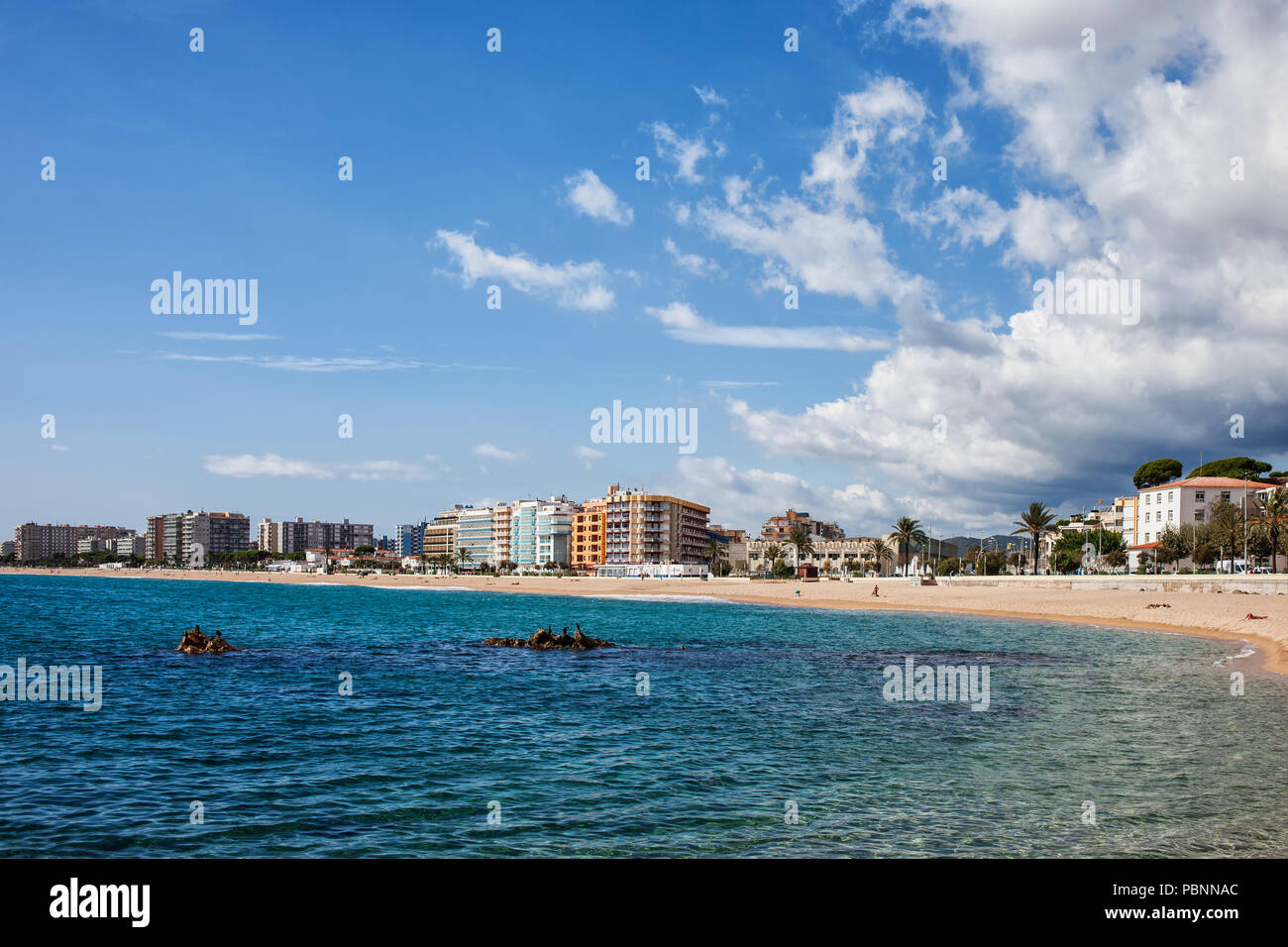 Blanes Stadt, Ansicht vom Meer, Resort an der Costa Brava in Katalonien, Spanien Stockfoto