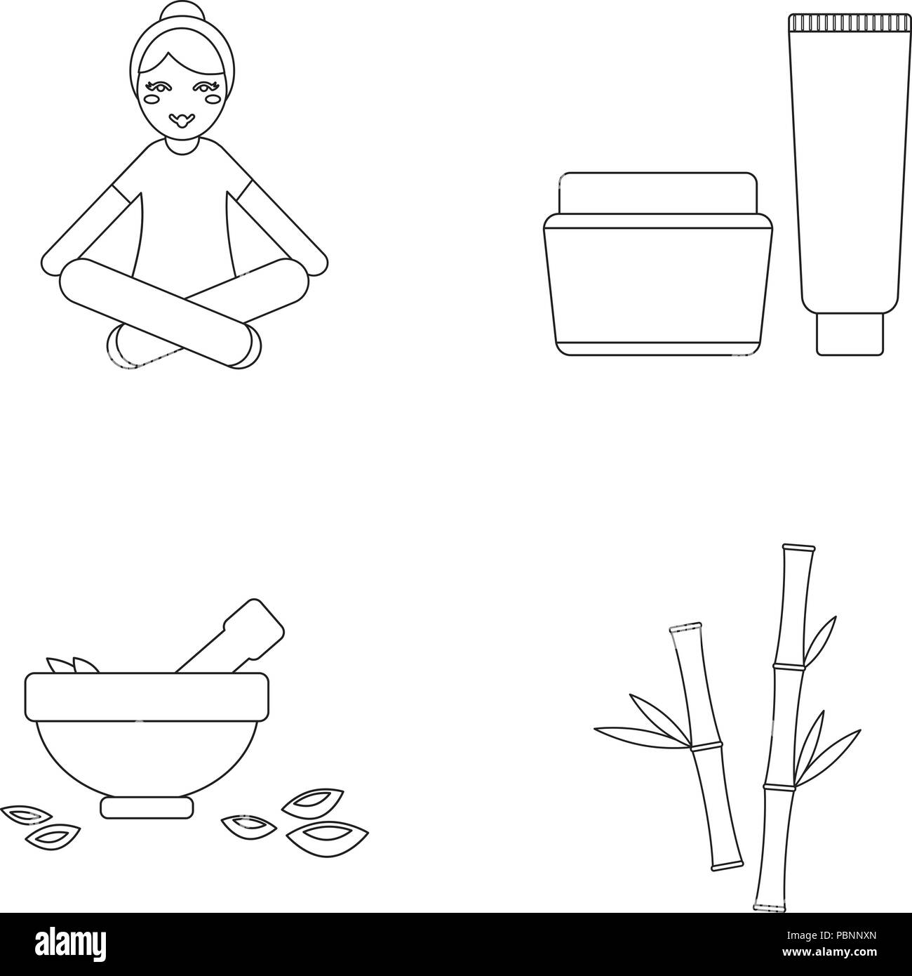 Bambus, Schönheit, Schüssel, Sammlung, Creme, Blumen, Mädchen, grün, Hände, Gesundheit, Icon, Illustration, isoliert, jar, Blätter, Beine, Logo, Salbe, Outline, Blütenblätter, Genuss, Pose, Satz, Zeichen, Spa, Symbol, tolkush, Rohr, Vector, Web, Frau, Yoga, Vektor, Vektoren, Stock Vektor