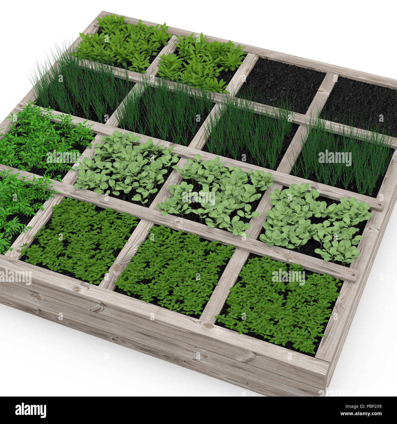 Gemüsegarten mit Sortiment Gemüse und kalten Container auf Weiß. 3D-Darstellung Stockfoto