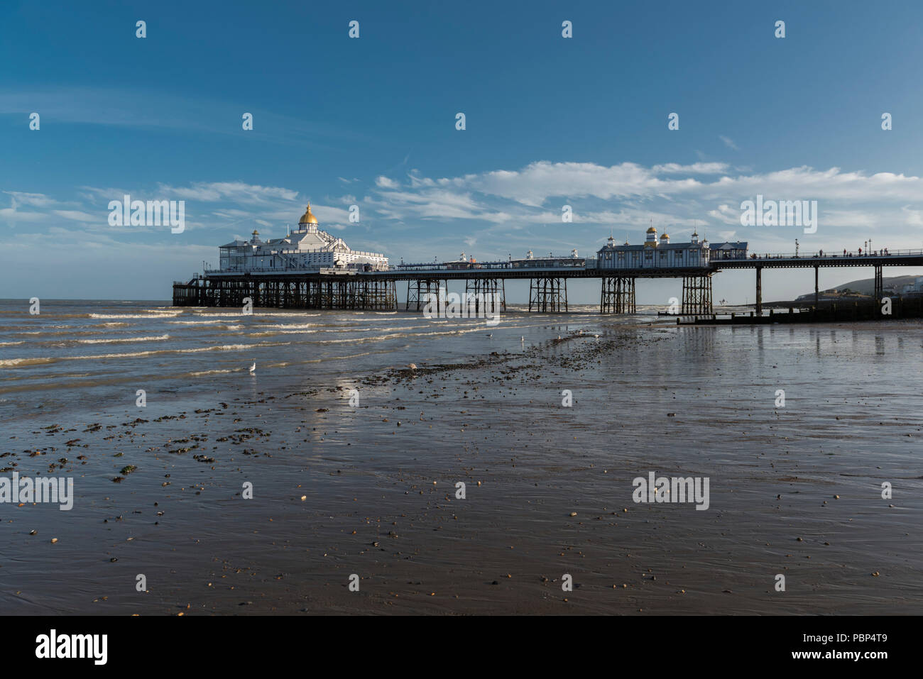Eastbourne Pier bei Ebbe an der südlichen Küste von East Sussex, England, UK. Stockfoto