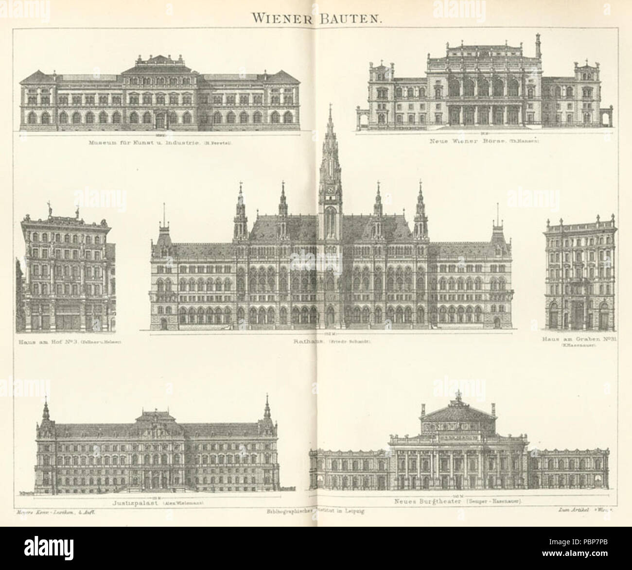 English: Tafel" Wiener Bauten "zum Artikel "Wien",  Original-Bildunterschriften: Museum für Kunst und Industrie. Neue Wiener  Börse. Haus am Hof. Rathaus. Haus am Graben. Justizpalast. Neues  Burgtheater (Semper-Hasenauer). Englisch: Gebäude in Wien