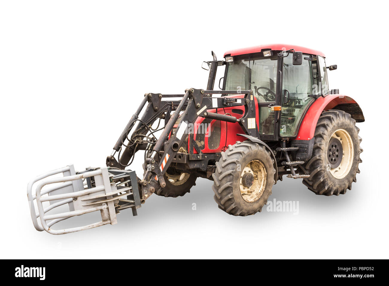 Traktor mit hydraulischen Aufzug für den Transport von Heu und Silage. Isoliert Foto eines allgemeine Ansicht einer landwirtschaftlichen Maschine. Die Ausrüstung für eine Farm". Stockfoto