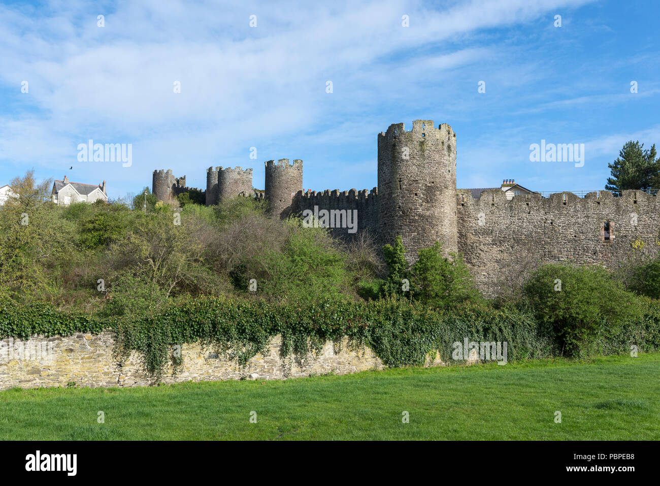 Die mittelalterliche Stadtmauer in Conwy in Nord Wales, Großbritannien. Ein sonniger Frühlingstag auf der ausserhalb der Stadt. Stockfoto