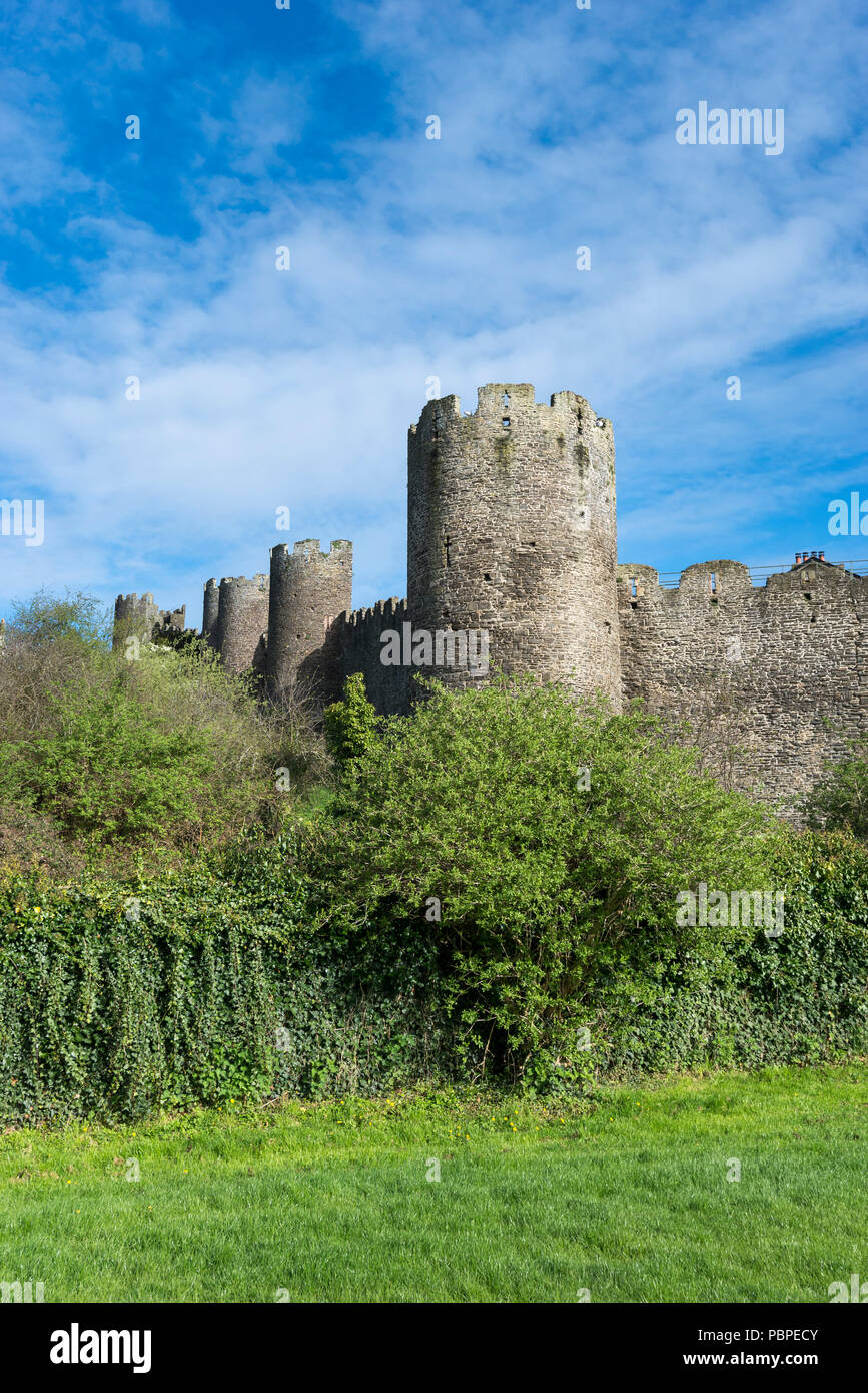 Die mittelalterliche Stadtmauer in Conwy in Nord Wales, Großbritannien. Ein sonniger Frühlingstag auf der ausserhalb der Stadt. Stockfoto
