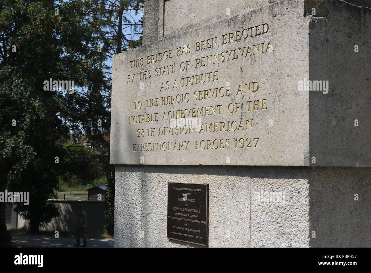 National Guard Einheiten um von der Nation nahm an einem Mitarbeiter Fahrt zur Aisne-Marne Offensive Schlachtfeld, Cantigny, Chateau-Thierry und Belleau Wood, St. Mihiel Salient und der Somme während des ersten Tages eines einwöchigen Veranstaltung zum Gedenken an den Ersten Weltkrieg am 25. Juli 2018. Stockfoto