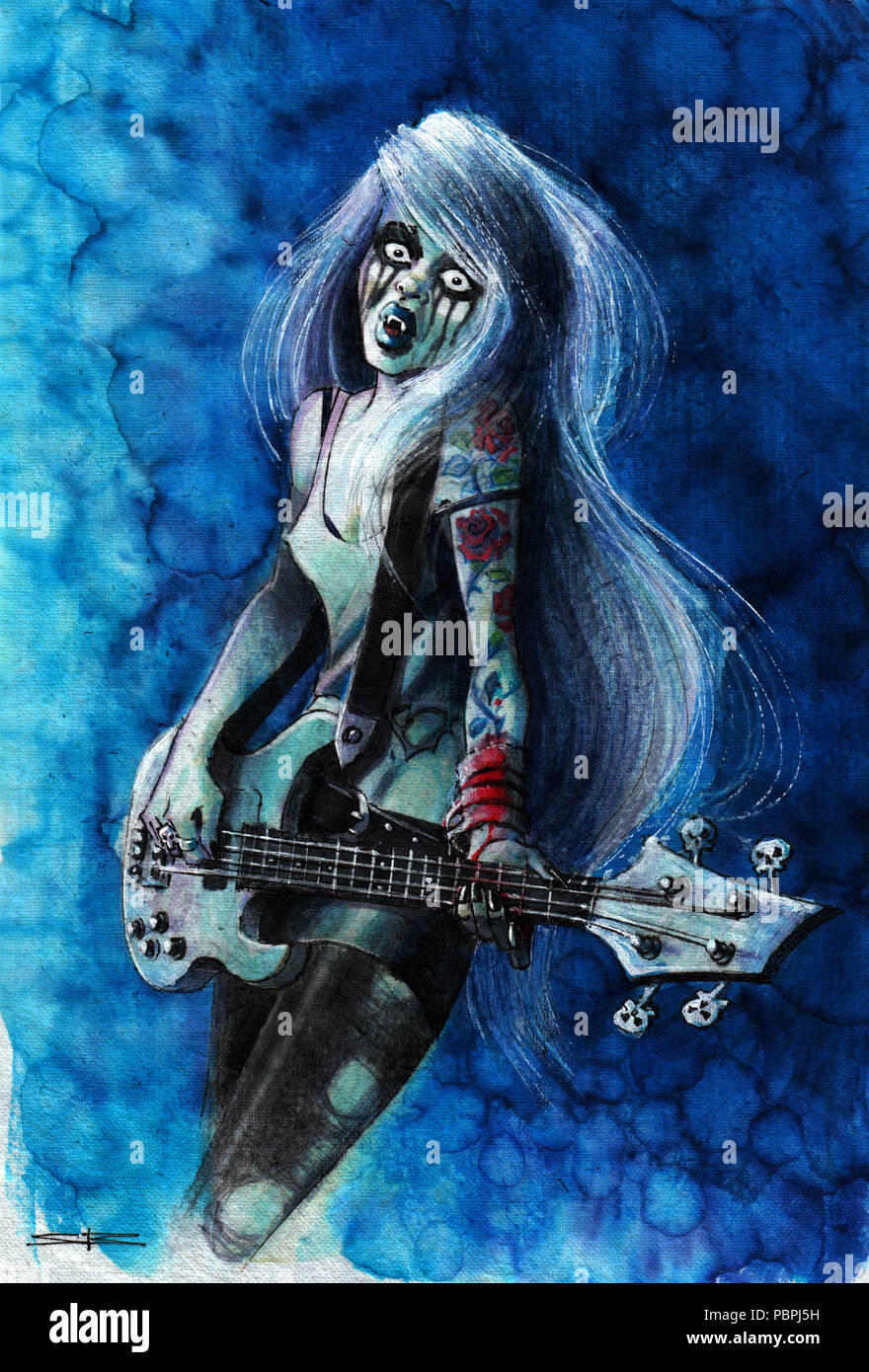 Vampire Goth Girl Bass Player Stockfoto