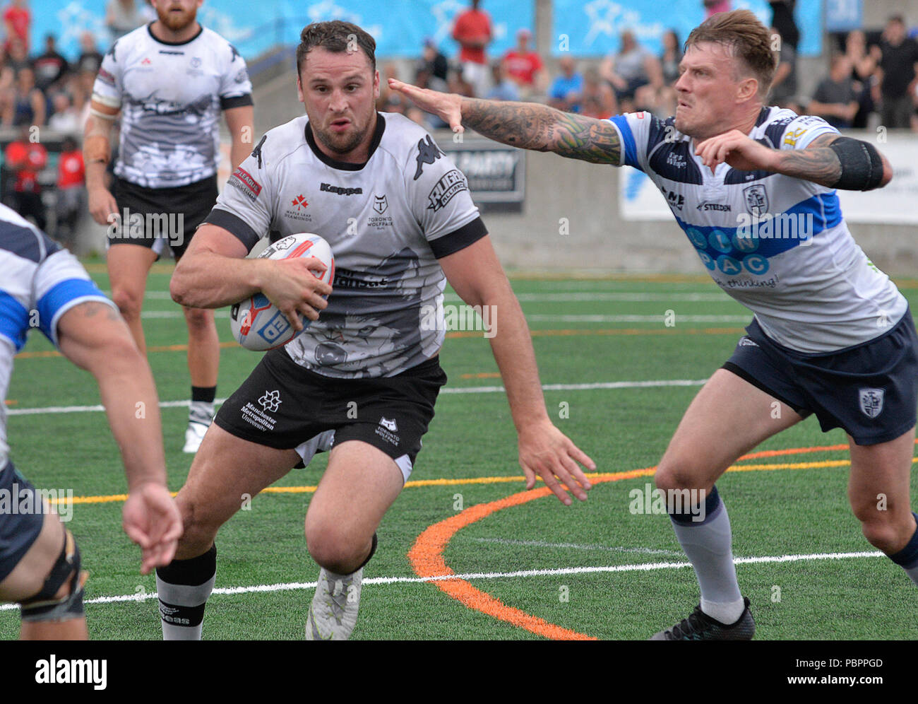 Lamport Stadium, Toronto, Ontario, Kanada, 28. Juli 2018. Sam Hopkins von Toronto Wolfpack auf dem Angriff gegen Featherstone Rover während Toronto Wolfpack v Featherstone Rovers in der Betfred Meisterschaft. Credit: Touchlinepics/Alamy leben Nachrichten Stockfoto