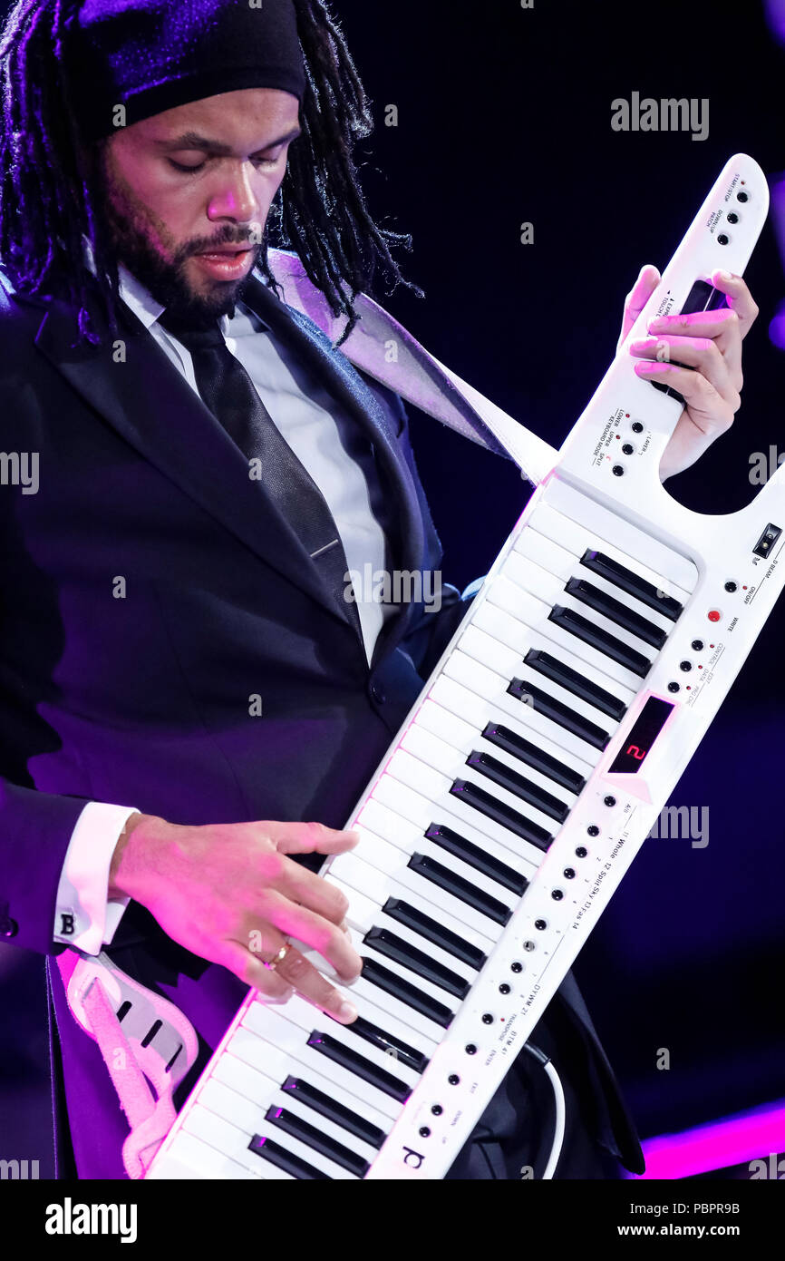 Cartagena, Spanien. 28. Juli 2018. Britische Musik Band, The Human League, während seine Leistung bei La Mar De Musicas Festival. © ABEL F. ROS/Alamy leben Nachrichten Stockfoto