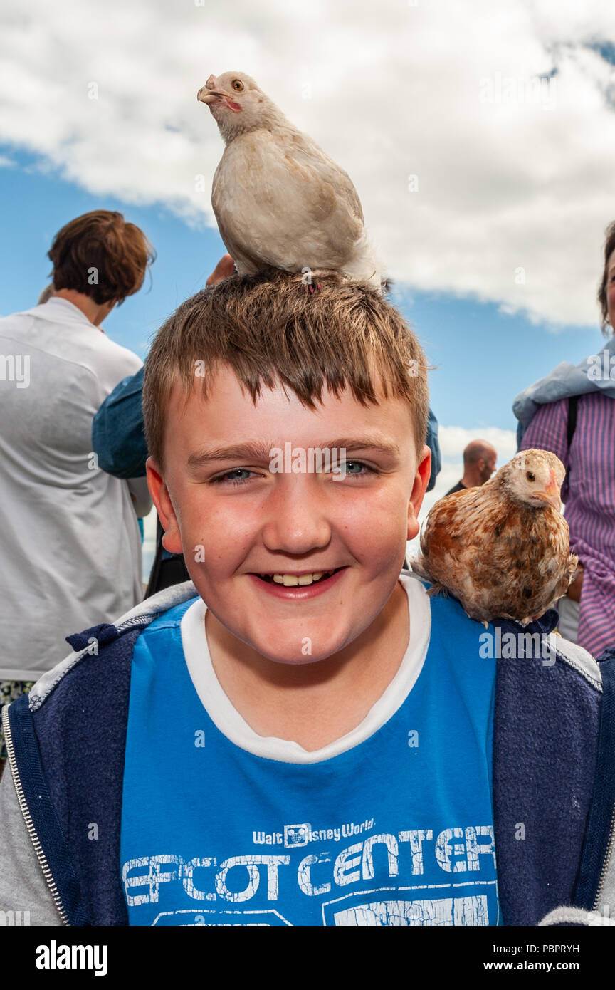 Schull, West Cork, Irland. 29. Juli, 2018. Schull Landwirtschaft zeigen ist unterwegs in der prallen Sonne mit Hunderten von Teilnehmern. Eine der vielen Attraktionen ist ein pet-Farm - 10 Jahre alte Lukas Hodgson aus Manchester schien durchaus mit Hühnern auf seinem Kopf und Schulter, glücklich zu sein.. Credit: Andy Gibson/Alamy Leben Nachrichten. Stockfoto