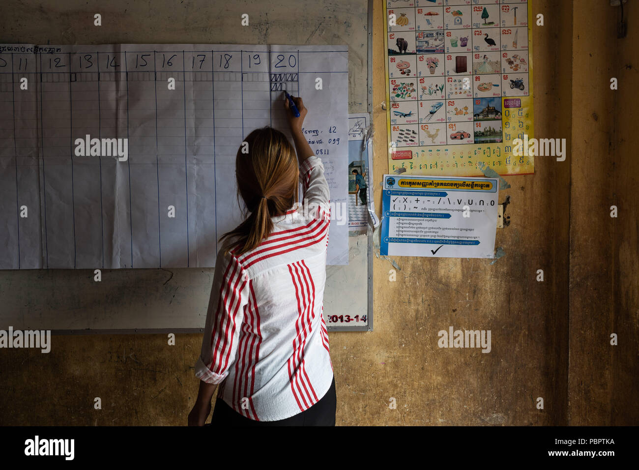 Phnom Penh, Kambodscha. 29. Juli, 2018. Eine Frau markiert eine weitere Stimme für Option ' ' 20'' ist die Anzahl für CPP Option. Kambodscha am 29. Juli gestimmt in einer Wahl stellen 33 strongman Premier Hun Sen die Jahre an der Macht zu verlängern. Die einzige glaubwürdige Opposition aufgelöst wurde, effektiv gedreht, das Land in eine Ein-Parteien-Staat. Credit: Enric CatalÃ Contreras/SOPA Images/ZUMA Draht/Alamy leben Nachrichten Stockfoto